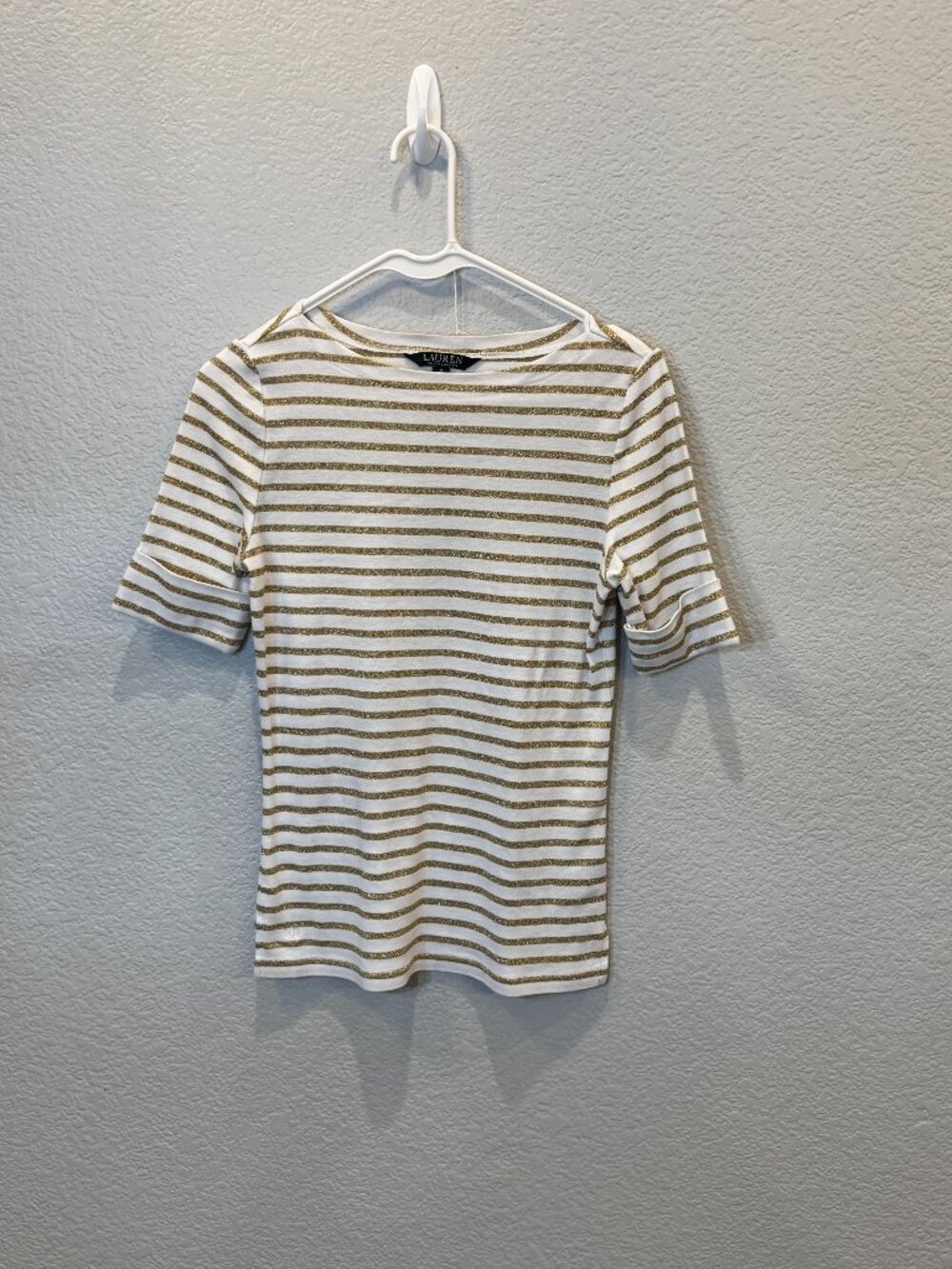 Lauren Ralph Lauren gold metallic striped boatneck knit top.